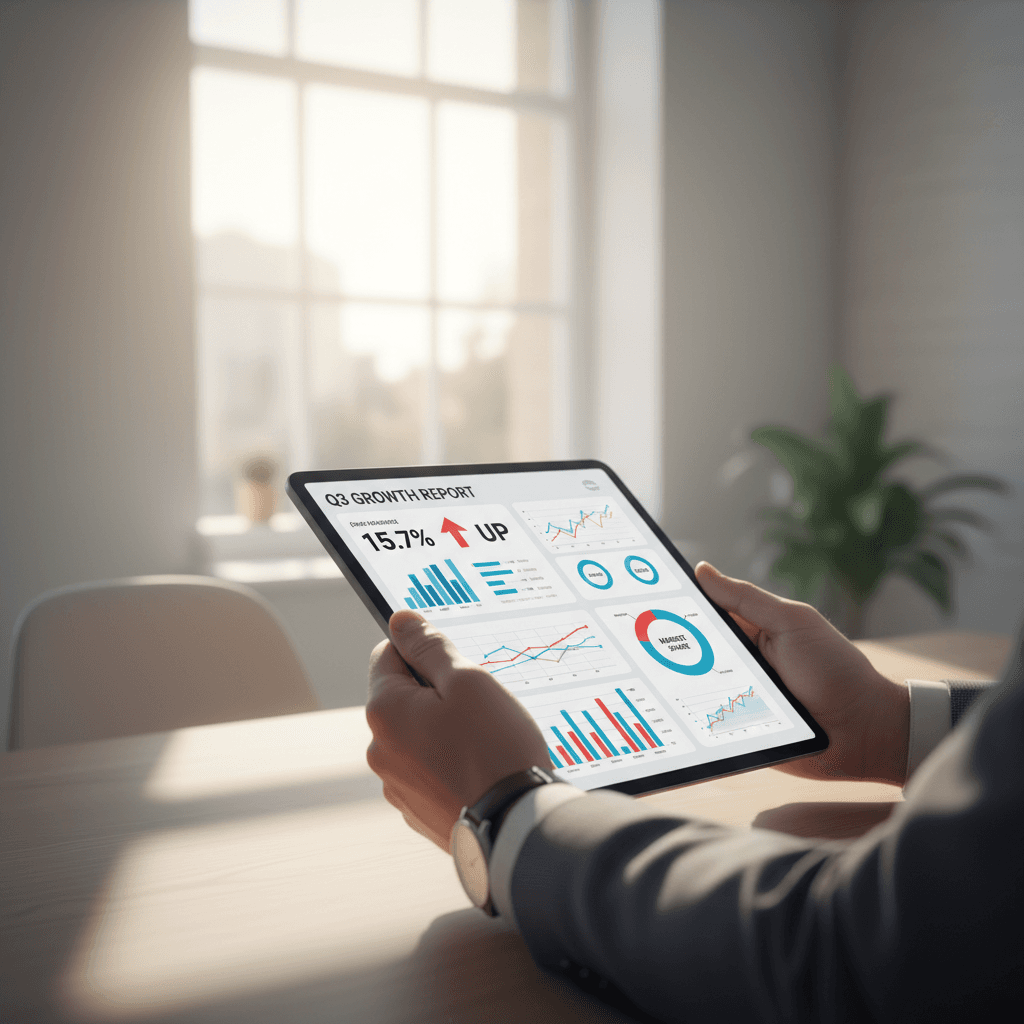 Consultant reviewing documents on a tablet in a bright, modern office