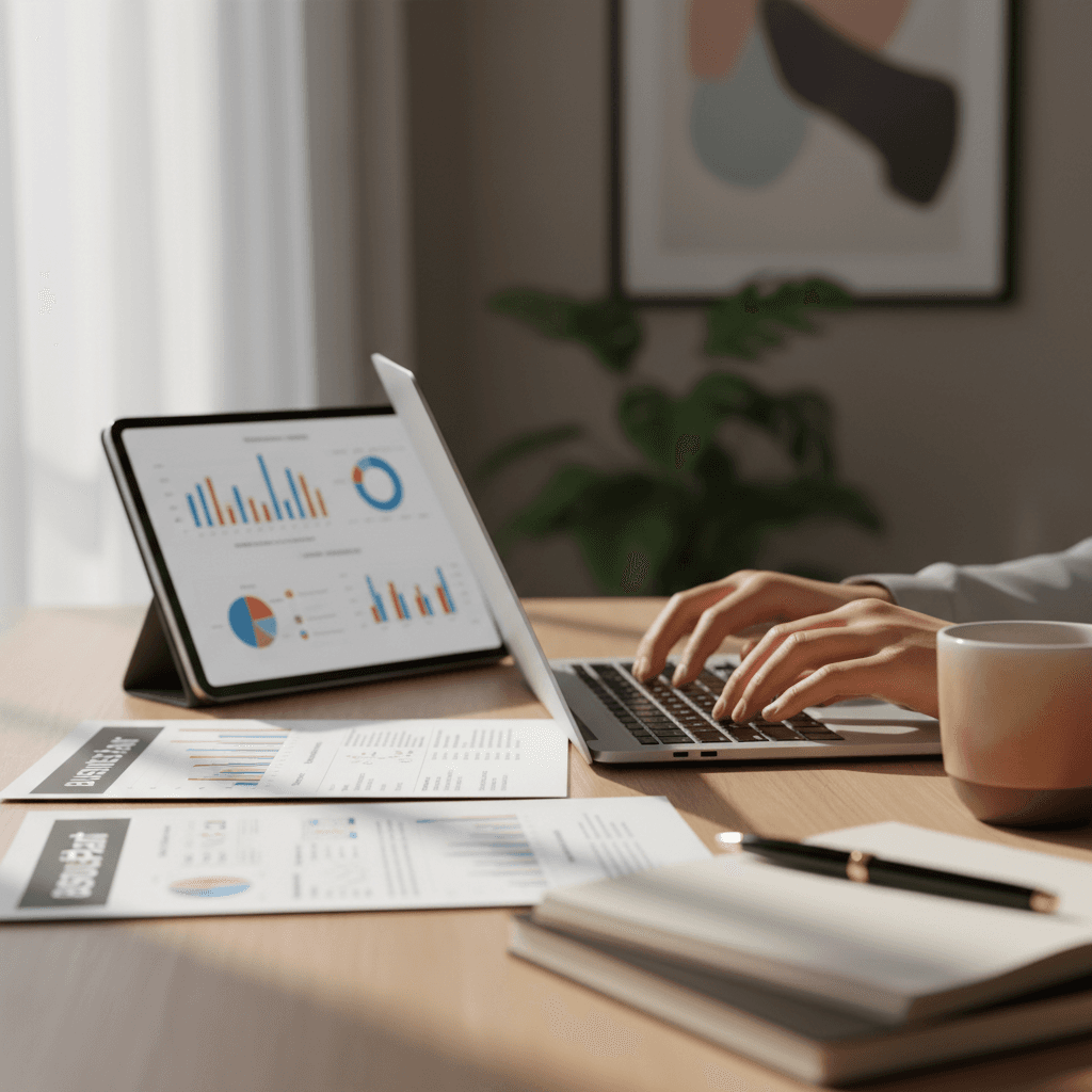 Professional consultant at modern desk with paperwork and laptop in bright Dubai office